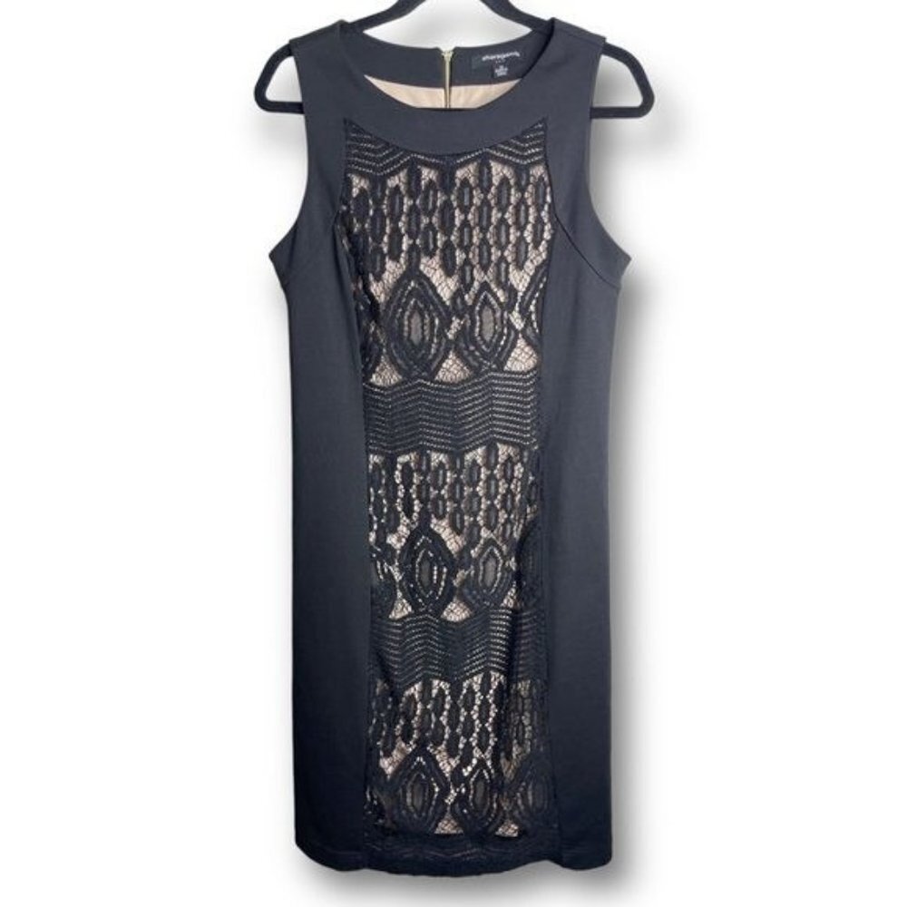 NWT Sharagano Size 10 Black Nude Crochet Lace Overlay Stretch Sheath Dress $118